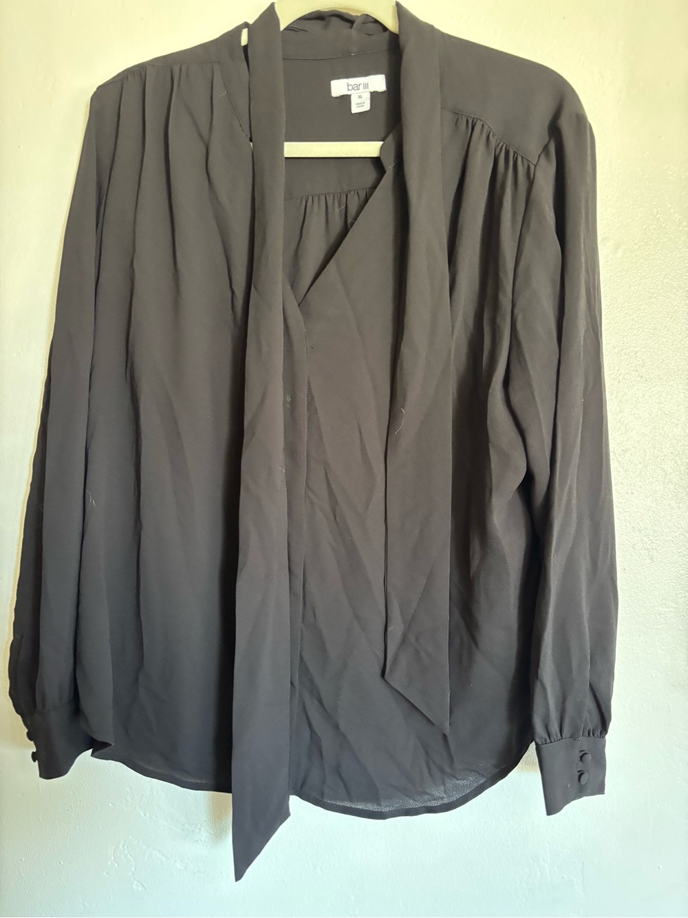 Bar III Black Tie-Neck Long-Sleeve Blouse